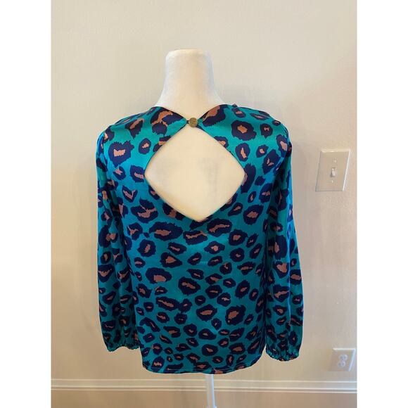 Tracy Negoshian satin teal animal leopard print Blouse XS - Picture 3 of 4